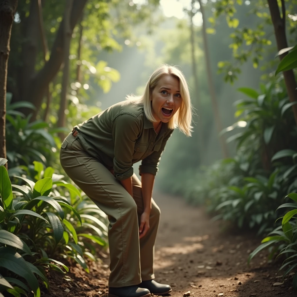 Close-up , bent over , Big butt , is 1940 , We see the girl from behind, she looks at the viewer, ,  hilarious cinematic scene of a young, talented actress resembling Doris Day, dressed as a poacher in the heart of the jungle. She is bent over, wearing long pants and a hunter's shirt, and holding a rifle. The edges of a big hole in  her pants in butt área  have charred marks, and there's a significant amount of smoke emanating from her backside. Her platinum blonde hair is short and sleek, and she appears to be around 30 years old. In a sudden moment of slapstick comedy, the actress screams in pain, her eyes and mouth wide open, revealing a massive hole in her pants from a shotgun accident. The scene is captured in stunning 4K high definition, with the jungle as a backdrop, and a comedic tone throughout., cinematic