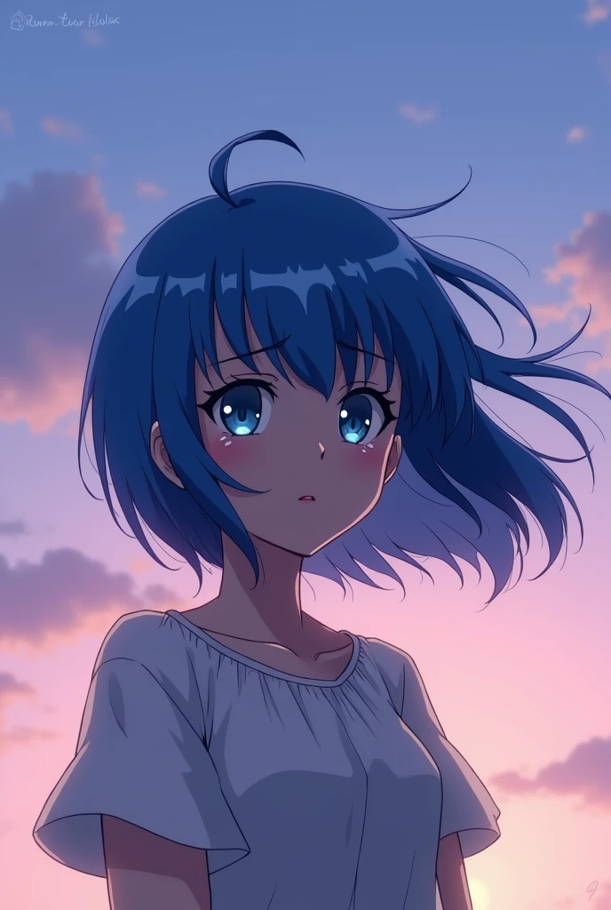 Generate a anime art of marientte dupain cheng facing infront of camera frowning and crying, her blue hair sways with the wind and her intense Blue eyes is filled with devastation