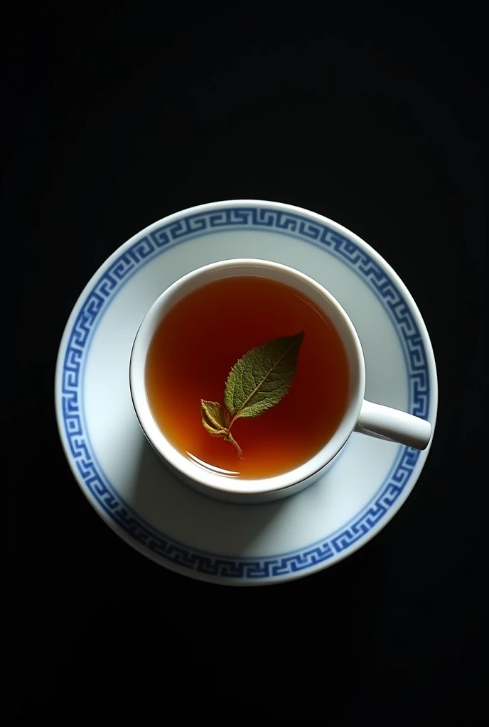 The camera looks down from directly above, capturing a Chinese blue and white porcelain teacup filled with a coffee-colored infusion of one bud and two leaves of Chinese high mountain tea.,((Right beneath the surface, You can see a single bud and two leaves of Chinese high mountain dry tea, which has been dried and then moistened, floating in the water.)),simple,Movie Lighting,专业photography,Studio Lighting,Black desktop background,photography,Intricate details,Ultra Detail,Hyper-photorealism,8K Ultra HD ((Top-down view,Top view, bird's eye view))