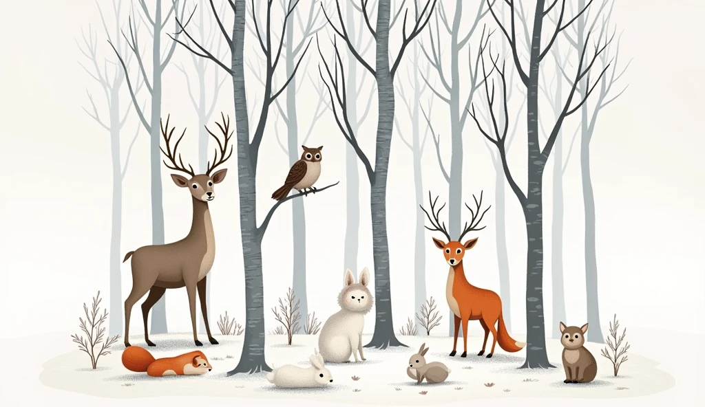 Detailed and whimsical illustration of a winter forest scene. The layout features a variety of animals amidst tall, leafless trees with a snowy ground. The animals include deer, foxes, rabbits, an owl, and squirrels, each depicted with fine lines and soft colors. The deer have light brown fur and antlers, the foxes are orange with bushy tails, and the rabbits are white, blending into the snow. The owl is perched on a low branch, while the squirrels are scattered on the trees. The background is filled with intricate details of tree bark, branches, and sparse foliage, all rendered in muted tones of gray and brown, creating a serene and peaceful atmosphere.