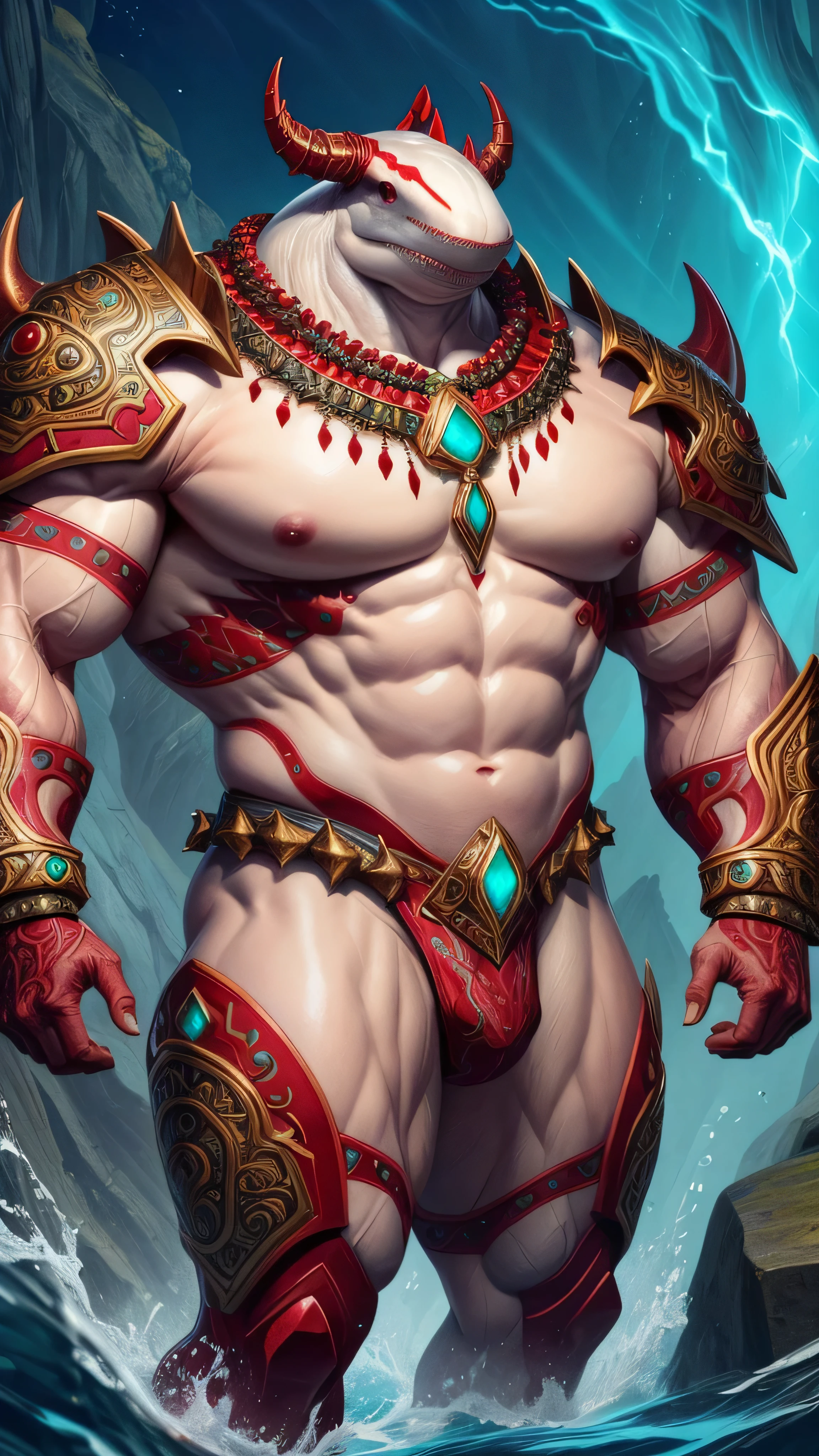 powerful, anthropomorphic, aquatic, shark-like alien humanoid, large imposing physique, muscular build, stern menacing expression, smooth bone-like skin, red gemstone embedded at the top, narrow glowing eyes, white pale skin, shoulders adorned with a thick, fur-like material, on right shoulder large ornate armour piece resembling a horned beast's skull, chest is marked with red, tribal-like symbols, necklace made of green stones or gems