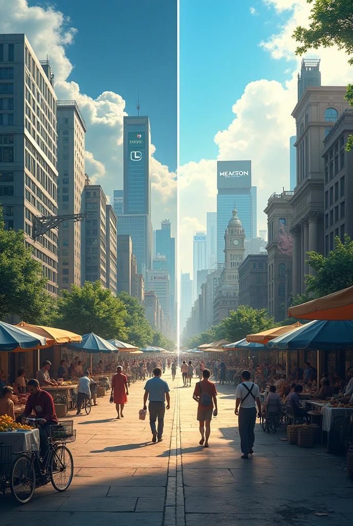 bottom:
General Environment: A landscape divided into two halves that contrast strongly with each other. On the left, an environment that symbolizes the most advanced and prosperous areas of the world, and to the right, an environment that represents the most disadvantaged and challenged regions by globalization.
Left Half: Developed Countries Landscape: A modern city with skyscrapers, well-paved avenues and high-tech areas. You can include elements such as a headquarters of a large corporation, luxury shopping malls and efficient public transport.
Details: Well-dressed people using advanced technological devices, such as smartphones and tablets. Buildings with bright lights and advertisements for global brands. The atmosphere is prosperous and clean.
Right Half: Developing Countries Landscape: An impoverished neighborhood with dilapidated buildings, unpaved streets and lack of basic infrastructure. You can include elements such as precarious housing, small shops and informal markets.
Details: People in simple clothing and in arduous working conditions, as in factories with poor working conditions. The atmosphere is more gloomy and disorganized, with evidence of lack of access to basic services.
Central Element: The Contrast Transition: In the center of the image, There is a dividing line or symbolic wall that separates the two halves.. This element can be a physical wall, a blurred border or a bridge that is not completed, highlighting the gap between prosperous and disadvantaged areas.
Inequalities and Challenges Represented:
Economic Inequalities: On the left side, You can show wealth and high technology, while in the right, poverty and lack of access to technology are shown. This visualizes the economic gap between regions.
Working Conditions: Images of workers on the right half in precarious conditions versus employees on the left half in comfortable working environments.
Access to Services: The difference