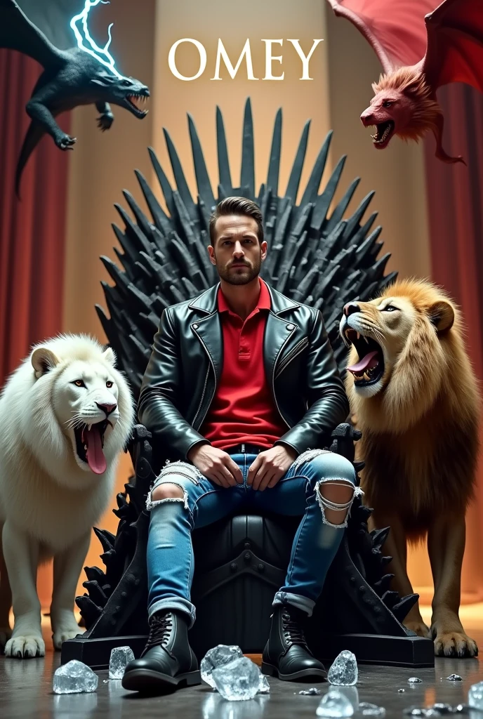 Create a man about 43 years old with ripped jeans , red polo shirt and black leather jacket sitting on the iron throne with black lace-up boots , Next to him there are two lions, one white and one brown, roaring, and two Mexican pennants, one on the throne and the other near the white lion.,On the left side there is a flying dragon spewing fire and on the right side a flying dragon spewing lightning from its mouth. You can see the text "OMEY" There are melted ice cubes with water on the floor. Everything is well detailed, Luxury premiere style. Camera shot of 10k