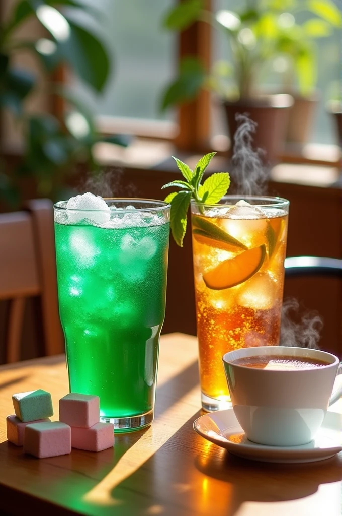 One large sprite, one large iced tea, two packets of marshmallows and a cup of tea