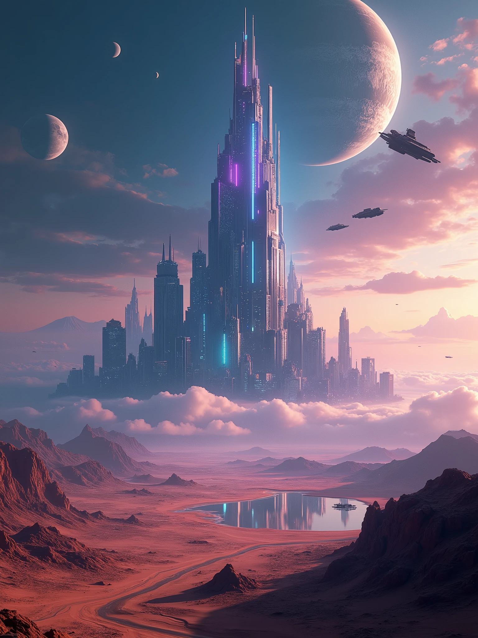 Epic sci-fi landscape captured in stunning Super Panavision 70mm, a massive futuristic city with towering skyscrapers and flying vehicles, glowing neon lights reflecting off sleek metallic surfaces, a vast alien desert stretching into the distance, massive planets and moons hovering in the sky, starships soaring above, deep blues and purples of a distant galaxy, ultra-high detail, cinematic lighting, wide-angle lens, atmospheric haze