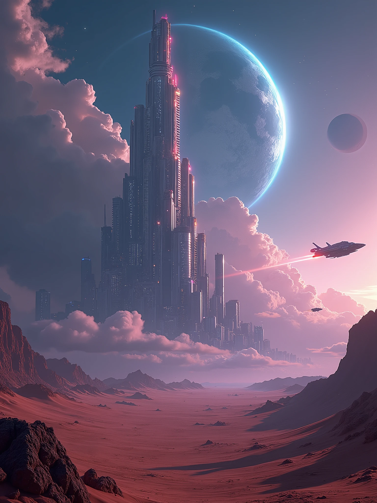 Epic sci-fi landscape captured in stunning Super Panavision 70mm, a massive futuristic city with towering skyscrapers and flying vehicles, glowing neon lights reflecting off sleek metallic surfaces, a vast alien desert stretching into the distance, massive planets and moons hovering in the sky, starships soaring above, deep blues and purples of a distant galaxy, ultra-high detail, cinematic lighting, wide-angle lens, atmospheric haze