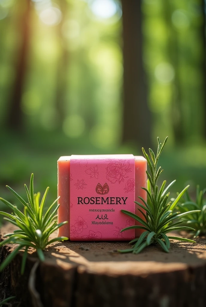 I need promotional type images for a repellent soap with rosemary extract, THE BRAND IS CALLED "ROSMERY" and the soap is Mexican pink. Let the image be in a wooded area, let the soap have a wrapper with the brand name