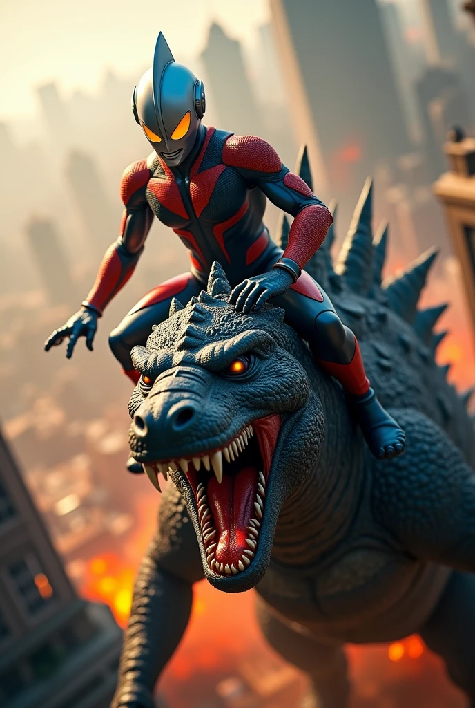 Tilt shift photography ultraman riding godzilla,godzilla mouth ripped open,brutal fight scene,cinematic lighting,highly detailed,realistic,photorealistic,extremely detailed,4k,8k,high resolution,best quality,masterpiece,ultra detailed,sharp focus,intense colors,dramatic shadows,dynamic composition,hyper realistic,cinematic angles,action poses,cinematic atmosphere