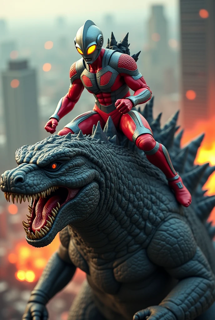 Tilt shift photography ultraman riding godzilla,godzilla mouth ripped open,brutal fight scene,cinematic lighting,highly detailed,realistic,photorealistic,extremely detailed,4k,8k,high resolution,best quality,masterpiece,ultra detailed,sharp focus,intense colors,dramatic shadows,dynamic composition,hyper realistic,cinematic angles,action poses,cinematic atmosphere