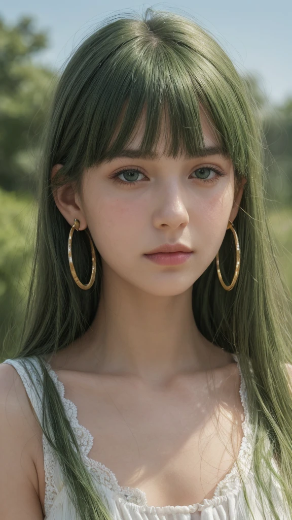 a girl. European. Extremely detailed face. Oval face. Delicate facial features. Half-closed eyes. Long straight hair. Messy hair. bangs. Green hair. Green eyes. earrings. Neutral expression. Shy