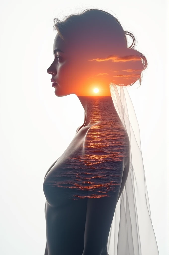 high quality, 8K Ultra HD, A beautiful double exposure that combines an goddess silhouette with sunset coast, sunset coast should serve as the underlying backdrop, with its details incorporated into the goddess , crisp lines, The background is monochrome, sharp focus, double exposure, by yukisakura, awesome full color,