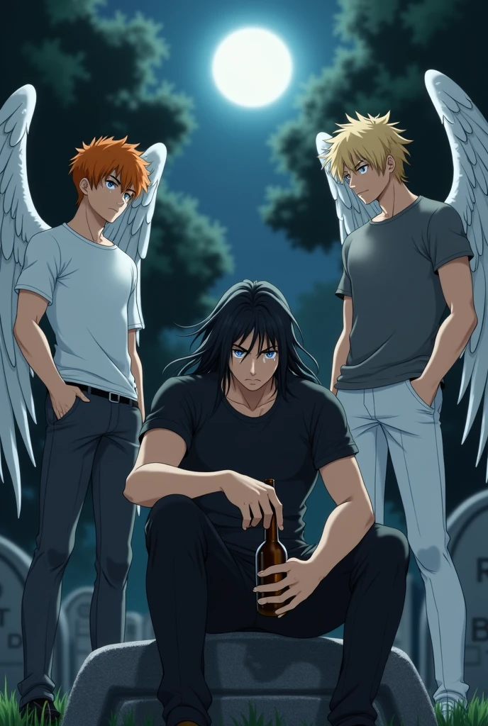 In the middle is a guy with long black hair, gray eyes, Beautiful face, beautiful body, black T-shirt, black trousers, crying, sits with a bottle of alcohol in a cemetery in front of a tombstone. There is a guy sitting on the right, blond, Beautiful, Pumped up body, in a gray shirt and white pants with large angel wings and brown eyes. On the left sits a guy with orange hair, in a white T-shirt and dark, and gray pants, Blue eyes, Large angel wings. anime art, masterpiece, realistically, super detail, Hand detailing, 