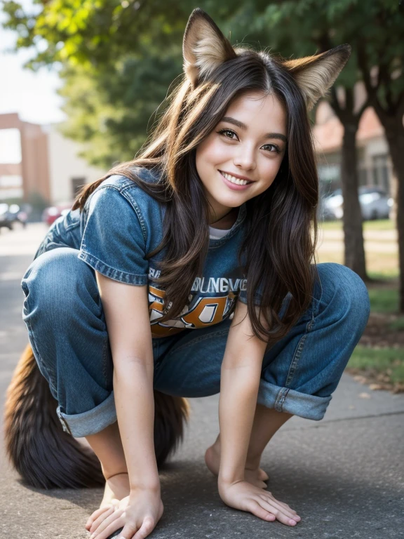 ((Highest quality, 8k)), ((masterpiece)), (Highest Resolution), Perfect Face, Fox Woman, Female college student, Beautiful woman, Outdoor, only one tail, she has thick thighs, Her large tail, Her brown fox tail, She wags her tail, Smiling with teeth showing, Fur collar, She is wearing short denim shorts., On all fours, Beautiful Hips , A fox tail sticks out from her jeans