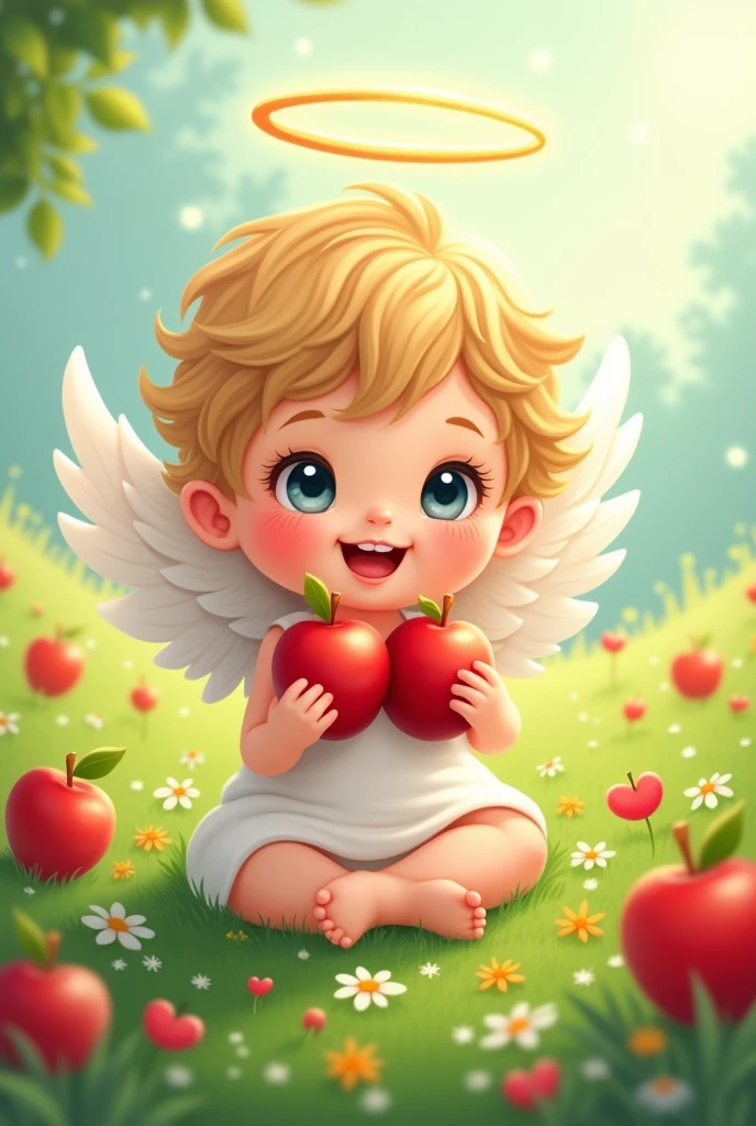 drawn drawing, Sticker, In the style of an illustration, a beautiful little angel - a child in the grass, Sticker, light eyes, halo overhead, smile, Sticker, apples in hand, Sticker, Apple Savior holiday