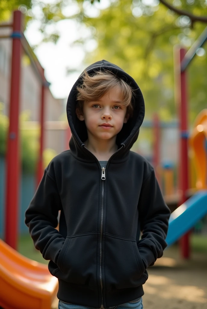 A boy wearing black zip hoddie
