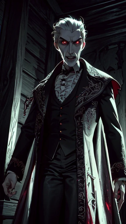 (1boy, ChristopherLee_Dracula), (extremely detailed CG unit 8k wallpaper),(master part), (best quality), (ultra detail), (best illustration),(TimBurton Animation), cowboy shot, (Sharp eyeliner, ombre, detail eyes), dark dungeon interiors background, ,break , (vamptech), vampire, red eyes, fangs, baring fangs, bloody, decolorise,