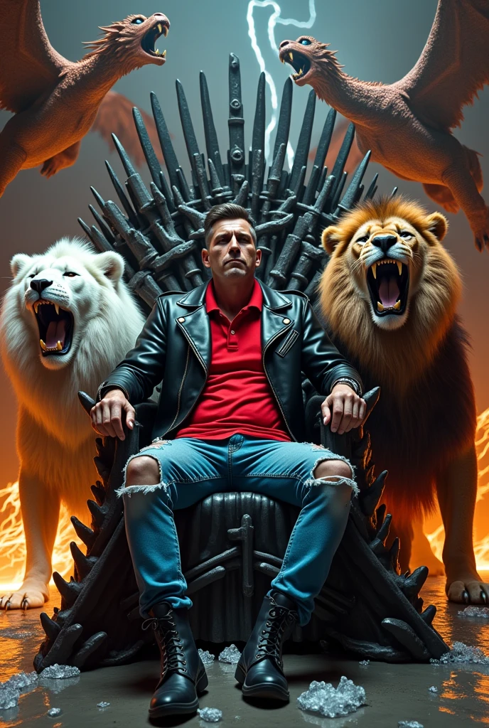 Create a man about 43 years old with ripped jeans , red polo shirt and black leather jacket sitting on the iron throne with black lace-up boots , Next to him there are two lions, one white and one brown, roaring, and two Mexican pennants, one on the throne and the other near the white lion.,On the left side there is a flying dragon spewing fire and on the right side a flying dragon spewing lightning from its mouth. You can see the text "OMEY" There are melted ice cubes with water on the floor. Everything is well detailed, Luxury premiere style. Camera shot of 10k