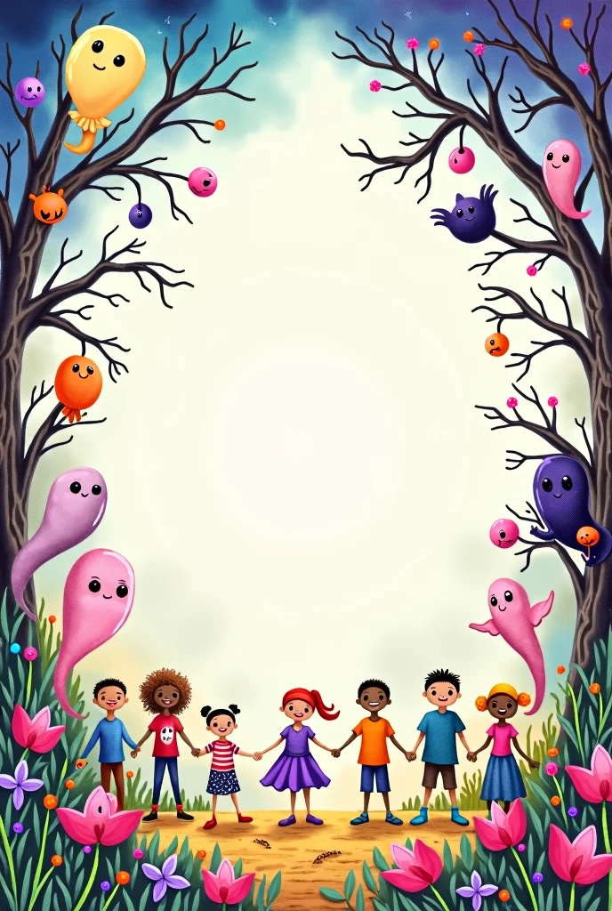 realistic, book spread, free space for inserting text in the middle, children's drawings, painted ghosts on the edges of the picture outside the book page
