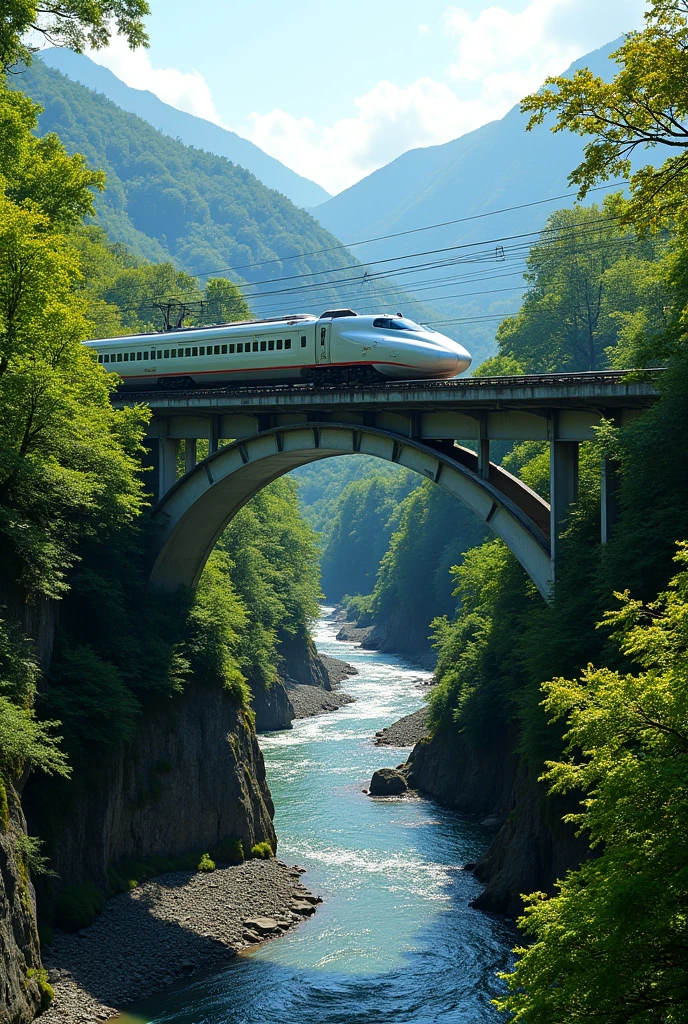 A Shinkansen train runs on the bridge and there are trees around.々It looks like a riverbed with a river flowing in the middle.