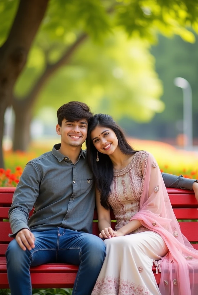 A young couple sitting on a red bench in a park, the 17 year old young boy is wearing a grey shirt and jeans, the 19 year old young girl is wearing a pink and white Indian suit, the young Indian boy has his arm around the young girl and they are both smiling. They are in love and happy together. The background is a blurred image of green trees and flowers. The image is shot in a