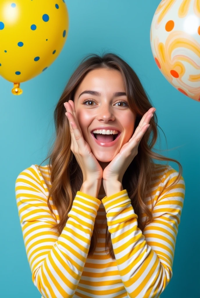 a young woman with an expressive, joyful look. She is in mid-reaction, with her eyes wide open and her mouth forming a surprised, delighted smile. Her hands are raised to her face, with fingers splayed in a pose that emphasizes her excitement.

The background is a bright, solid light blue, which adds to the cheerful and lively atmosphere. There are colorful balloons floating around her, including yellow balloons with blue polka dots and others with swirled patterns in shades of yellow, white, and orange. These balloons contribute to a festive and celebratory vibe.

The woman is wearing a yellow and white striped long-sleeved shirt, which matches the overall vibrant and happy theme of the image. Her hair is loose and falls around her shoulders, with a natural, soft wave.

The image is highly photogenic and captures a moment of pure, unfiltered joy, making it perfect for themes related to celebration, happiness, or surprise