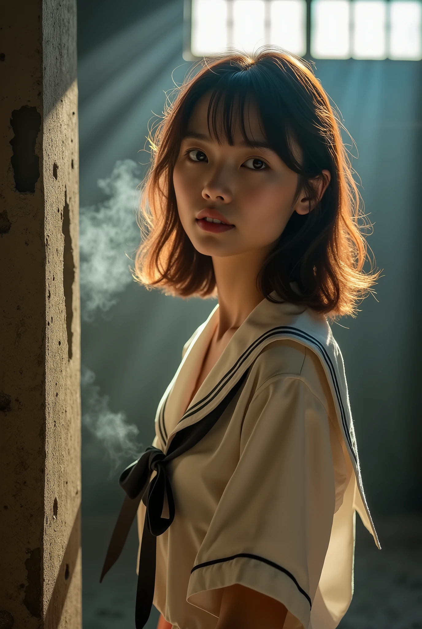 Browsing Caution:-2, Realistic, Viewed from the front, photorealistic realism, Portrait of a Japan woman, Idol Sculpture, World-class idol, Cute Japanese woman's face:1.21, Beautiful Japanese woman's face:1.21, (Show me your armpits.:1.21), (Realistic photos:1.4), (masterpiece, Highest quality:1.2), RAW Photos, 32K High Resolution, Intricate details,Very detailed, Standing woman, (Show me your armpits.:1.21), (Flat Chest:1.21), Gazing at the audience, View from below, Narrow waist, Cute Face, Light brown hair, (Straight Hair:1.21), School uniforms, Sailor suit:1.21, sera fuku:1.21, 有名な東京の都立高校のSailor suit, The upper body is wearing a uniform:1.21, The lower half of the body is in underwear.:1.21, She is wearing pink string panties., Bust Top Float, Crisp eyebrows:1.37, Pink lipstick:0.95, Detailed face, fine grain, Pale skin:1.21, Fine skin, Sweaty:1.1, Glowing Skin:1.21, Dark abandoned factory, Leaning against a concrete wall, Under the morning sun, In summer, Rays of light run through her body:1.37, Floating steam, Emotional and dynamic cinematic lighting, Browsing Caution:-2,