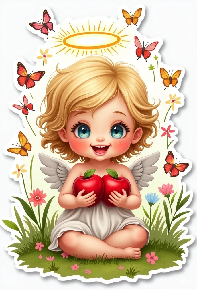 drawn drawing, Sticker, In the style of an illustration, a beautiful  angel - a child e grass, Sticker, light eyes, halo overhead, smile, Sticker, apples in hand, Sticker, Apple Savior holiday, words of congratulations 