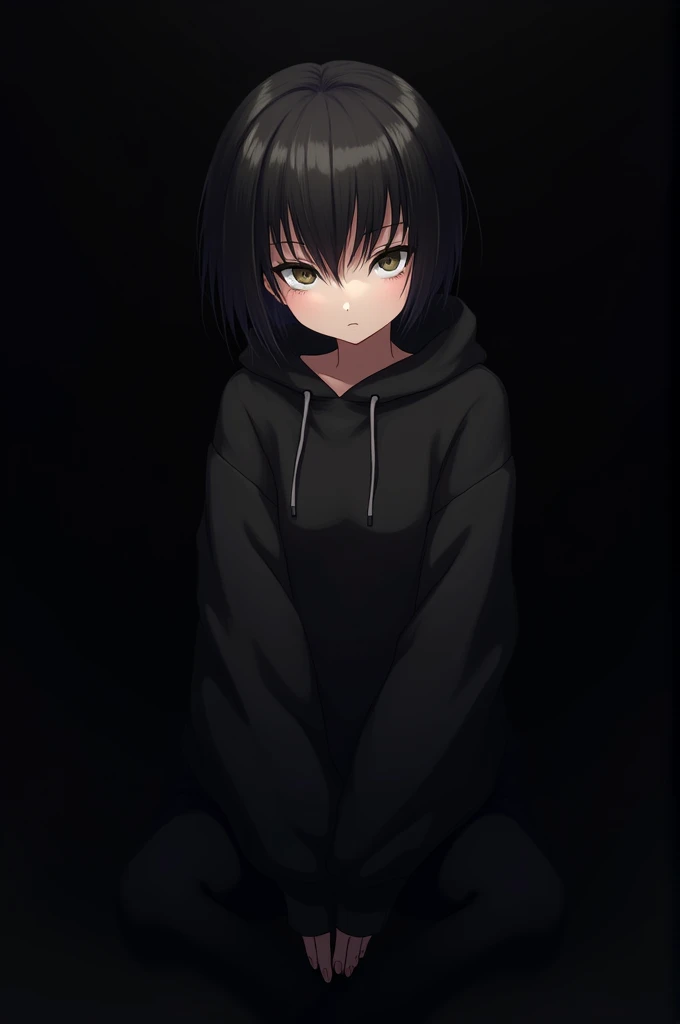 black haired teenager in a black sweatshirt on a black background anime