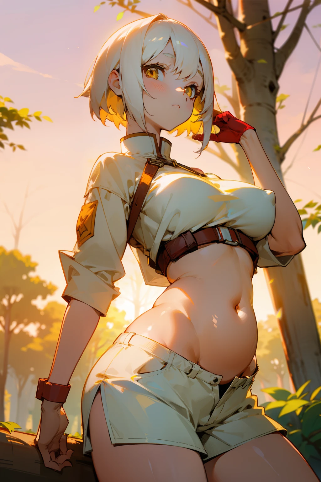 Cute girl, short white hair, yellow eyes, red cheeks, clear and bright skin, large breasts, exposed belly, short pants, dawn view and trees in the background 