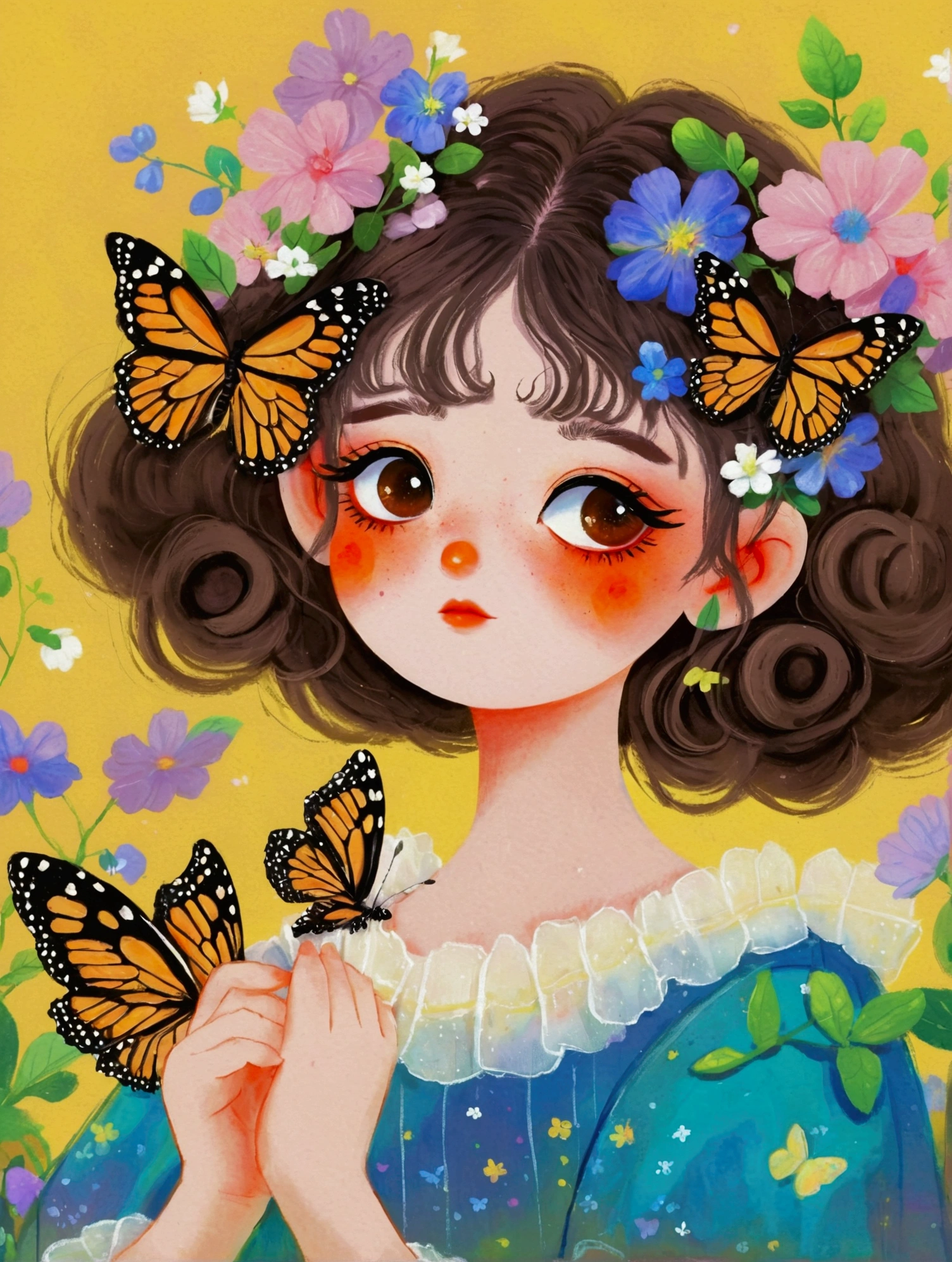A painting，Pastel Art：a painting of a girl with a butterfly in her hair, a digital painting by Li Song, artstation, fantasy art, big eyes，symmetry，a beautiful artwork illustration, cute digital art, cute detailed digital art, digital cartoon painting art, trending on artstration, cute art style, realistic cute girl painting, beautiful digital illustration, beautiful art uhd 4 k, adorable digital painting
