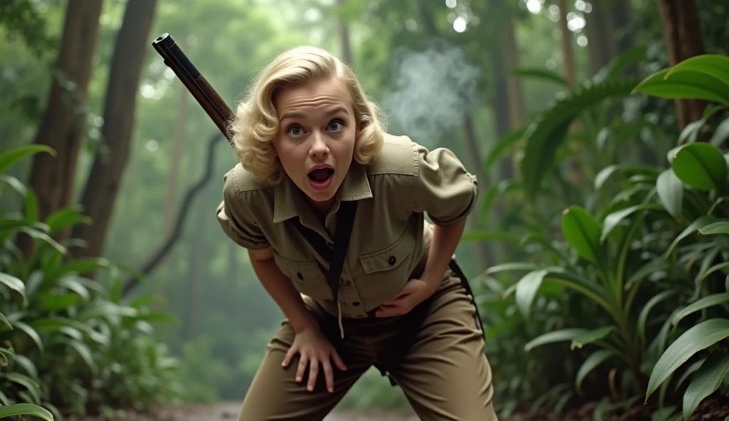 Big butt , Close-up , bent over , Big butt , is 1940 , We see the girl from behind, she looks at the viewer, ,  hilarious cinematic scene of a young, talented actress resembling Doris Day, dressed as a poacher in the heart of the jungle. She is bent over, wearing long pants and a hunter's shirt, and holding a rifle. The edges of a big hole in  her pants in butt área  have charred marks, and there's a significant amount of smoke emanating from her backside. Her platinum blonde hair is short and sleek, and she appears to be around 30 years old. In a sudden moment of slapstick comedy, the actress screams in pain, her eyes and mouth wide open, revealing a massive hole in her pants from a shotgun accident. The scene is captured in stunning 4K high definition, with the jungle as a backdrop, and a comedic tone throughout., cinematic