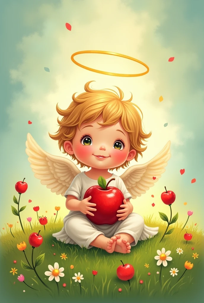 drawn drawing, Sticker, In the style of an illustration, a beautiful little angel - a child in the grass, Sticker, light eyes, halo overhead, smile, Sticker, apples in hand, Sticker, Apple Savior holiday, words of congratulations