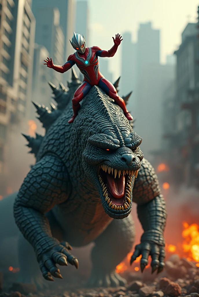 Tilt shift photography ultraman riding godzilla,godzilla mouth ripped open,brutal fight scene,cinematic lighting,highly detailed,realistic,photorealistic,extremely detailed,4k,8k,high resolution,best quality,masterpiece,ultra detailed,sharp focus,intense colors,dramatic shadows,dynamic composition,hyper realistic,cinematic angles,action poses,cinematic atmosphere