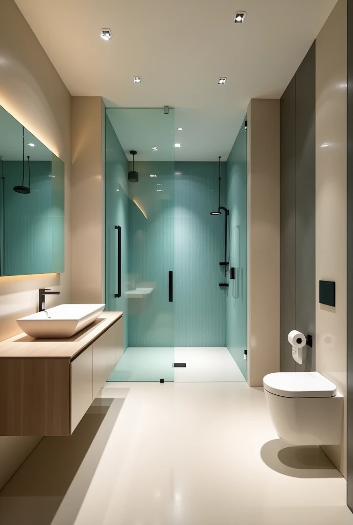 Generate an image of a compartmentalized bathroom with three environments, each separated by a long wall.. The environment of the center dedicated to only a sink, The environment on the left is separated by the center wall with a large shower and the area on the right is separated by another wall from the washing area with a toilet.