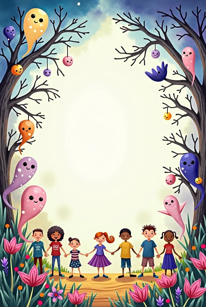 realistic, book spread, free space for inserting text in the middle, children's drawings, painted ghosts on the edges of the picture outside the book page