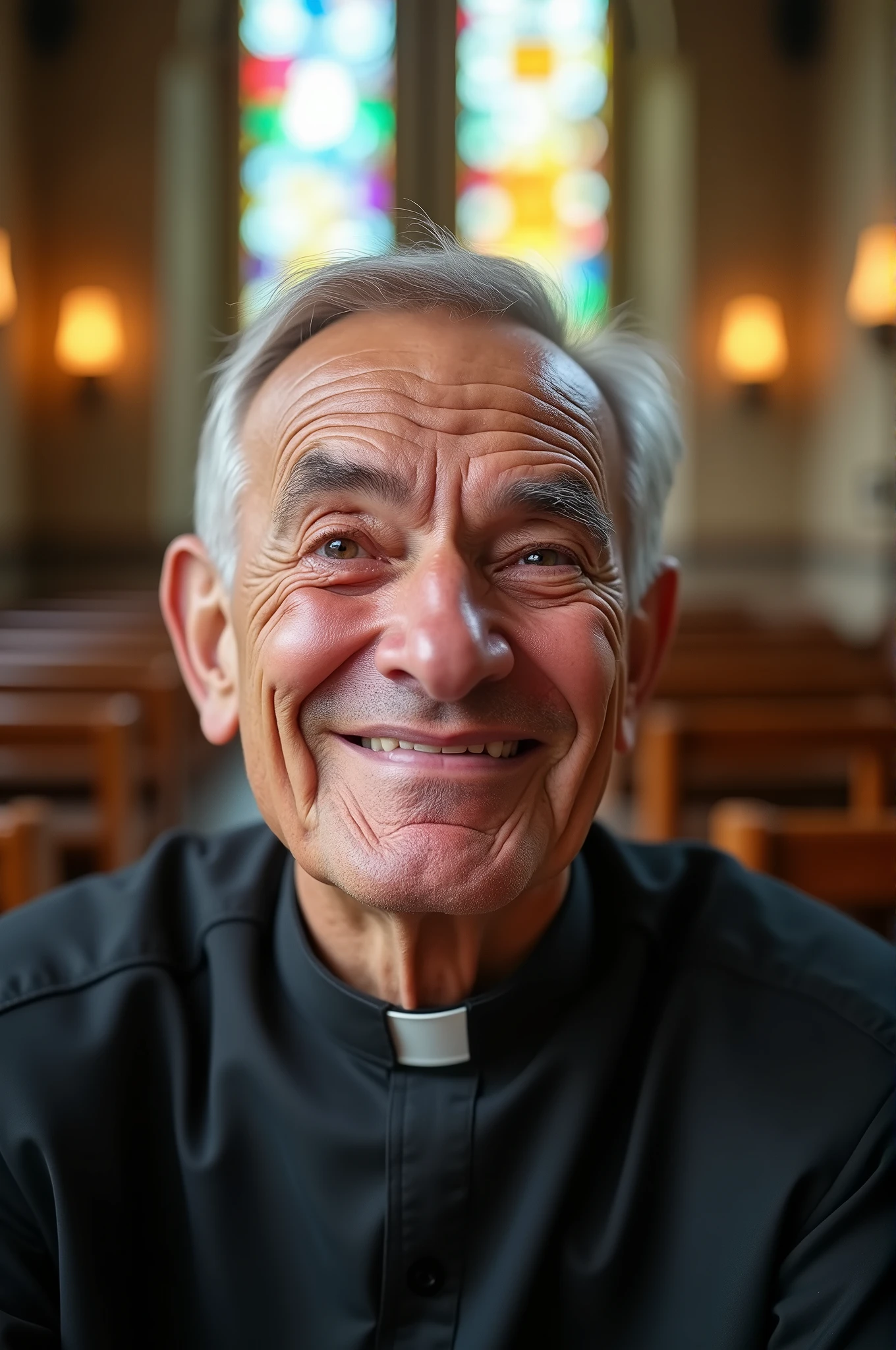 A humorous close-up of the priest's face, his expression a mix of seriousness and amusement.