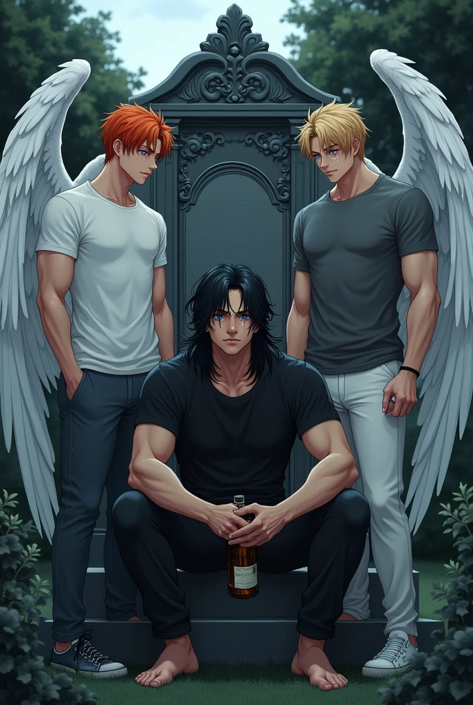 In the middle is a guy with long black hair, gray eyes, Beautiful face, beautiful body, black T-shirt, black trousers, crying, very sad,sits with a bottle of alcohol in a cemetery in front of a tombstone. There is a guy sitting on the right, blond, Beautiful, Pumped up body, in a gray shirt and white pants with large angel wings and brown eyes. On the left sits a guy with orange hair, in a white T-shirt and dark, and gray pants, Blue eyes, Large angel wings. anime art, masterpiece, realistically, super detail, Hand detailing,