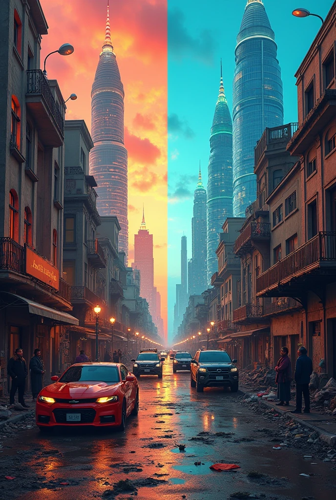 Create an image where the right side is filled with technology and wealth while the left side is filled with poverty.