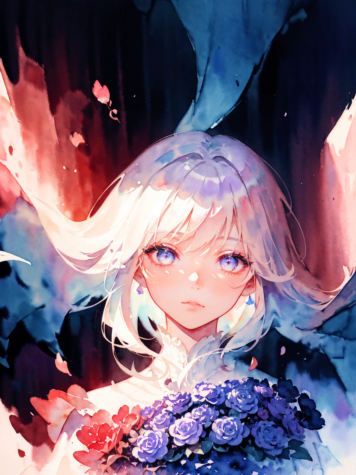 1girl,flower, Lisianthus ,in the style of light pink and light azure, dreamy and romantic compositions, pale pink, ethereal foliage, playful arrangements,fantasy, high contrast, ink strokes, explosions, over exposure, purple and red tone impression, abstract, ((watercolor painting by John Berkey and Jeremy Mann )) brush strokes, negative space,