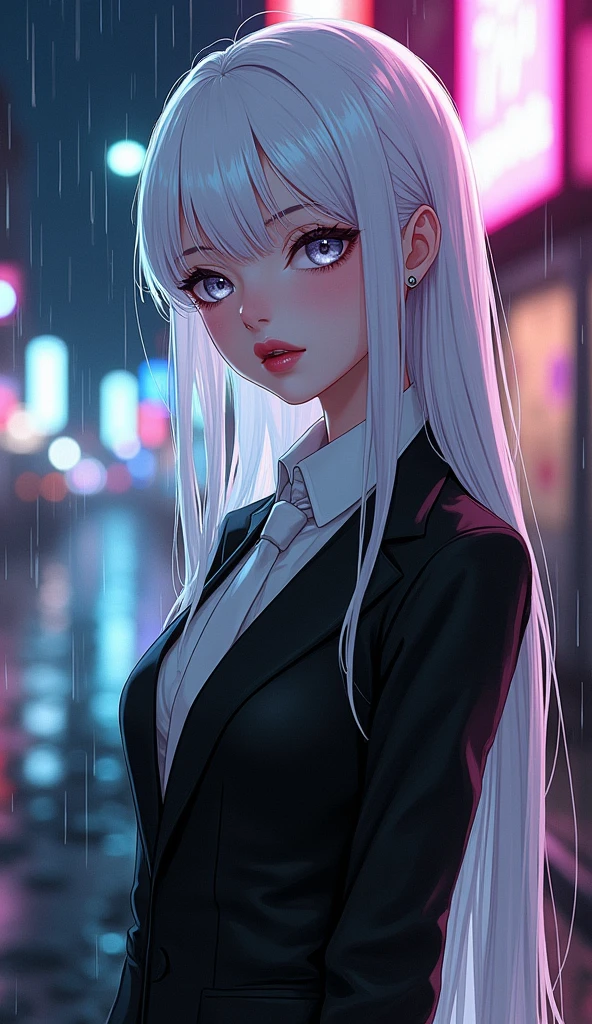 White hair girl anime, Albino eyes, Pale skin, Red lips in a black suit，wearing white tie, Thin face, More or less breasts 