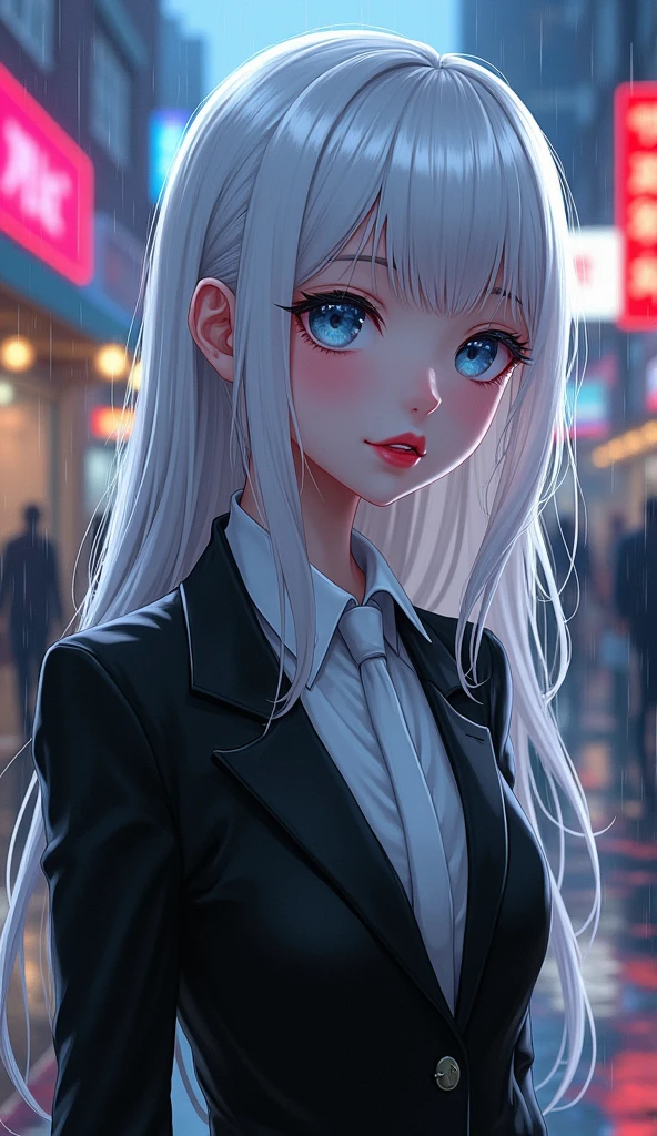 White hair girl anime, Albino eyes, Pale skin, Red lips in a black suit,wearing white tie, Thin face, More or less breasts