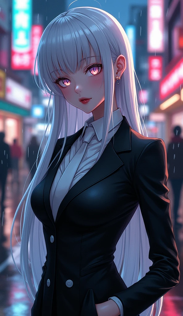 White hair girl anime, Albino eyes, Pale skin, Red lips in a black suit,wearing white tie, Thin face, More or less breasts