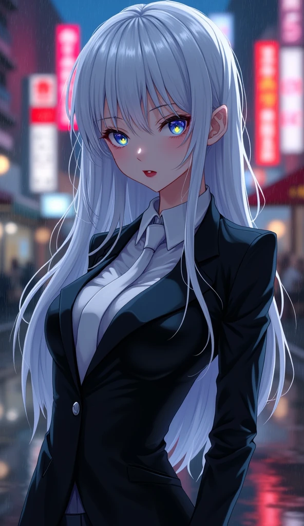 White hair girl anime, Albino eyes, Pale skin, Red lips in a black suit,wearing white tie, Thin face, More or less breasts