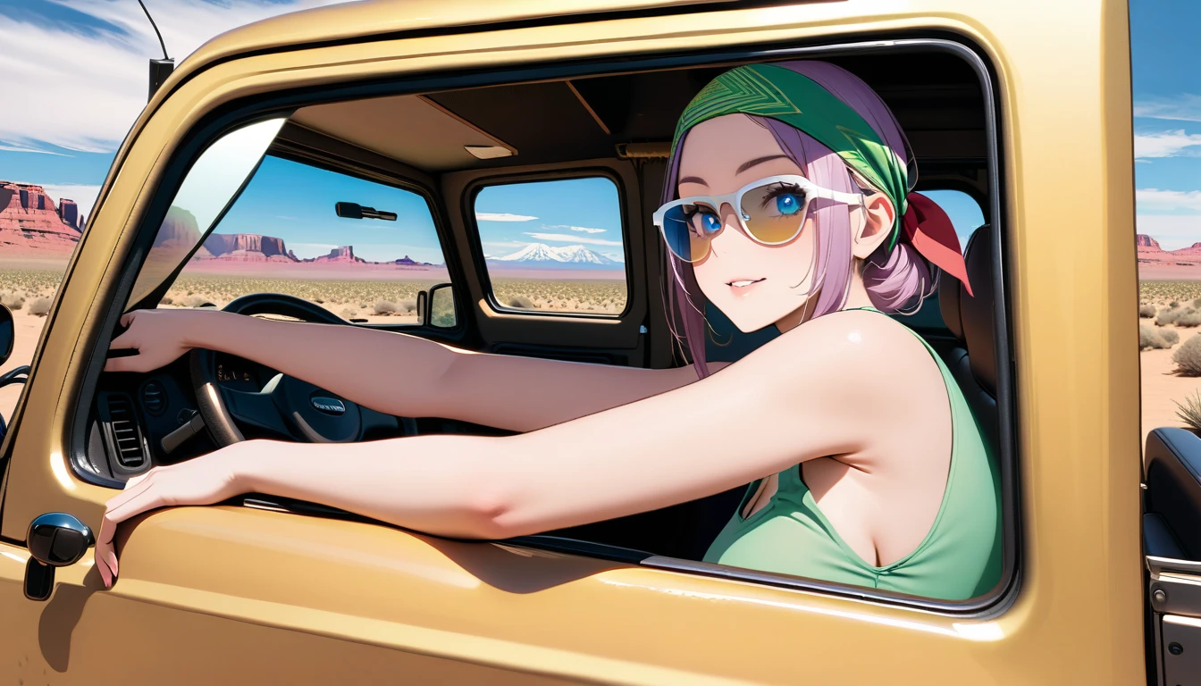A majestic mature woman trucker sits solo behind the wheel of a massive, rugged truck, its flashy decorations glistening in the Arizona wilderness's white landscape. Framed from the driver's side window, she's dressed in a worn moss green tank top, bandana on her forehead, and mirrored sunglasses shading her clear blue eyes. One hand steers the vehicle as the other gives a thumbs up, stretching out of the left window., Sense of speed, Purple smoke rising, (masterpiece, incredibly absurd resolution, absolutely resolution, ultra high resolution, all intricate, perfect ???????, ideal facial features, Beautifully detailed face, Beautifully detailed eyes, ideally proportioned figure, perfectly beautiful body)