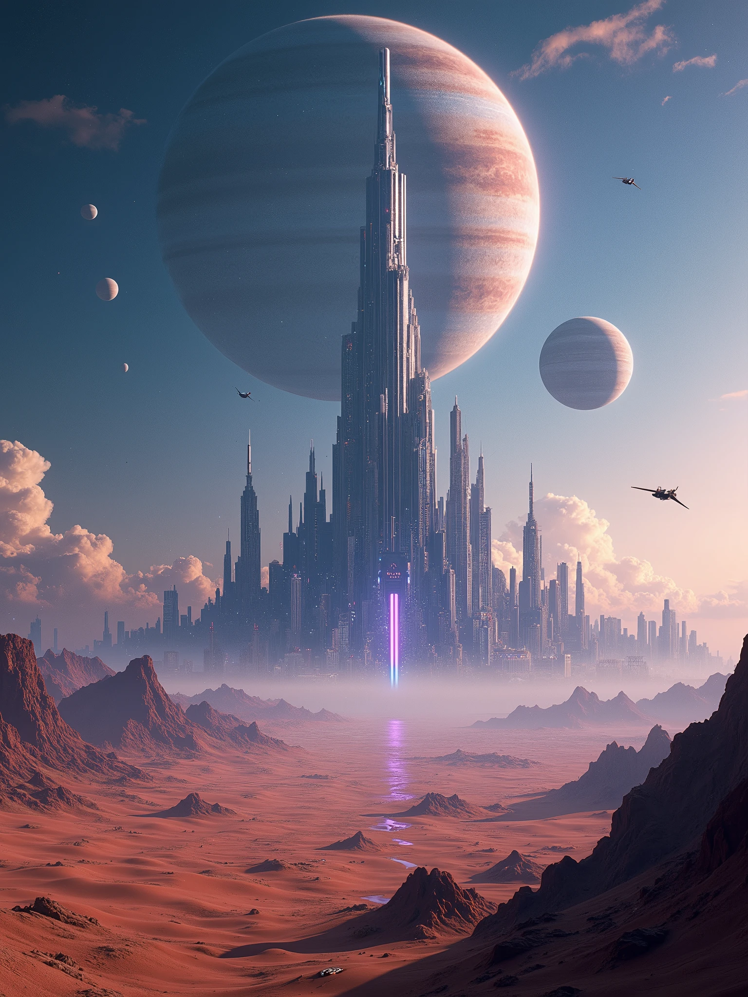 Epic sci-fi landscape captured in stunning Super Panavision 70mm, a massive futuristic city with towering skyscrapers and flying vehicles, glowing neon lights reflecting off sleek metallic surfaces, a vast alien desert stretching into the distance, massive planets and moons hovering in the sky, starships soaring above, deep blues and purples of a distant galaxy, ultra-high detail, cinematic lighting, wide-angle lens, atmospheric haze
