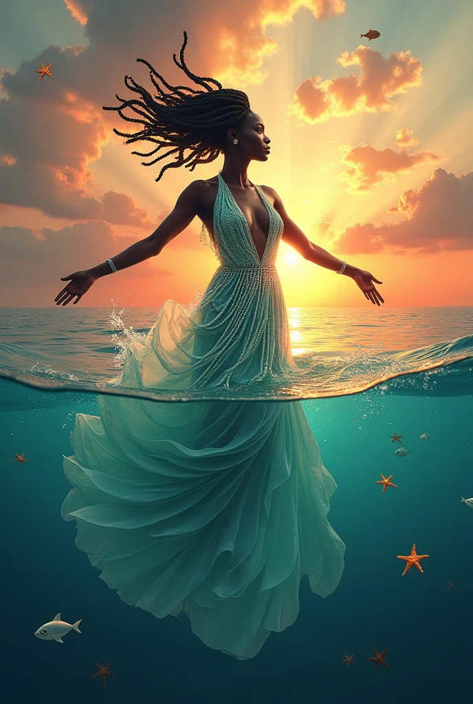 Black goddess Iemanjá floating over the sea 