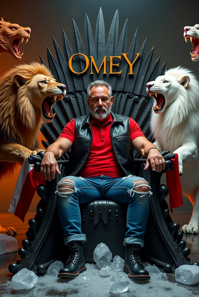 Create a man about 43 years old with ripped jeans , red polo shirt and black leather jacket sitting on the iron throne with black lace-up boots , Next to him there are two lions, one white and one brown, roaring, and two Mexican pennants, one on the throne and the other near the white lion.,On the left side there is a flying dragon spewing fire and on the right side a flying dragon spewing lightning from its mouth. You can see the text "OMEY" There are melted ice cubes with water on the floor. Everything is well detailed, Luxury premiere style. Camera shot of 10k