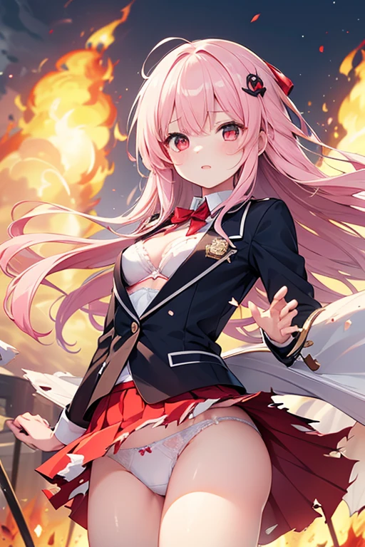 1girl, masterpiece, front view, from below, ((fires, flame in background)), light very long hair, pink hair, red eyes, (star hair ornament), medium breasts, small hip, ((school blazer uniform)), black blazer, white shirt, red ribbon tie, check pattern green skirt, high school, (((wind flow up skirt:1.2))), ((white panties:1.2)), (cloth pieces:1.1), surprised , (torn clothes:1.5),(white bra1.2)