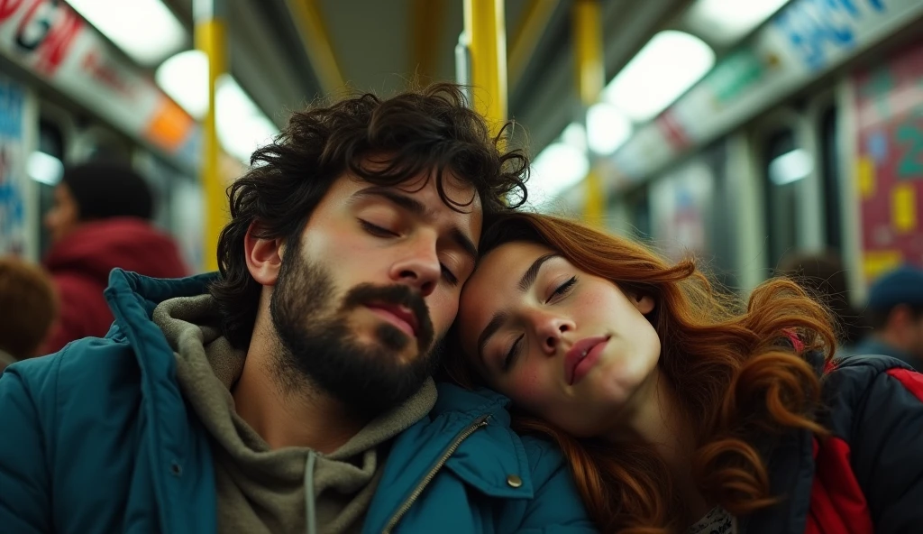 A boy age 27and a girl age 25 Acidentally sleep on top of each other without their knowledge. Both are traveling in the metro. Realistic, intricate details, vibrant colours.