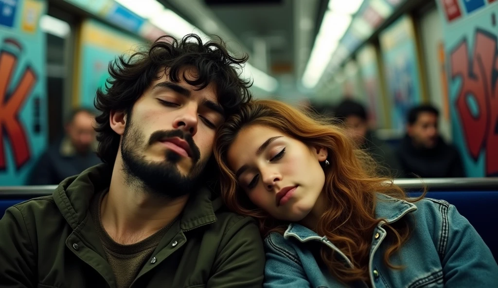 A boy age 27and a girl age 25 Acidentally sleep on top of each other without their knowledge. Both are traveling in the metro. Realistic, intricate details, vibrant colours.